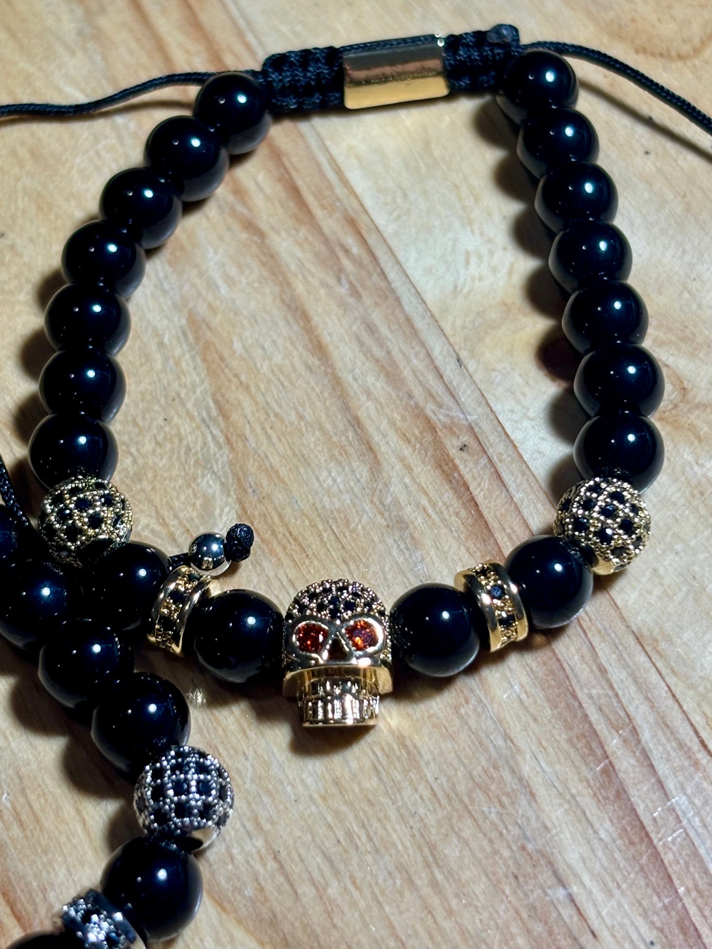 Mens Black Obsidian w Skull Macrame