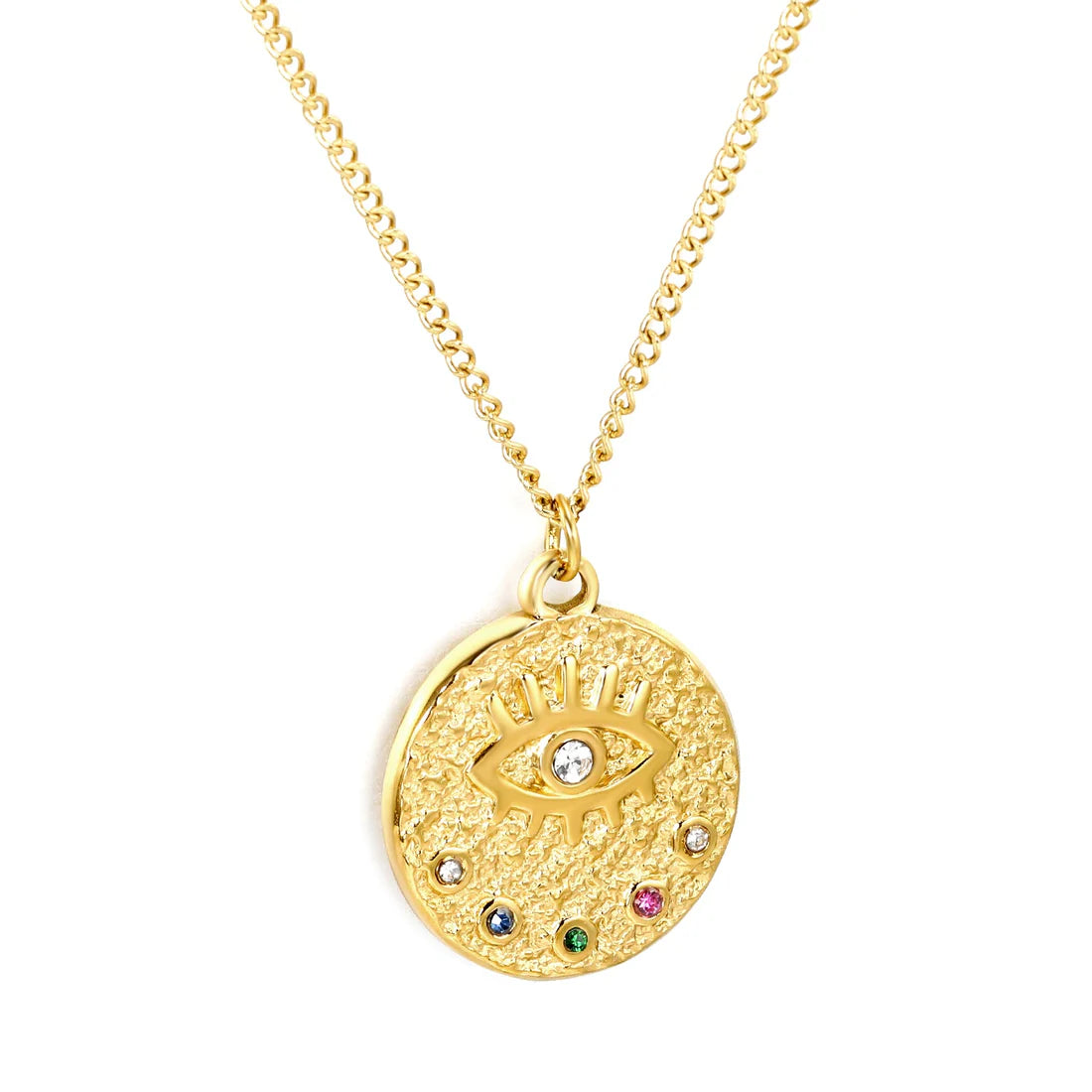 Gold necklace with a round pendant featuring an eye design and colorful stones on a white background