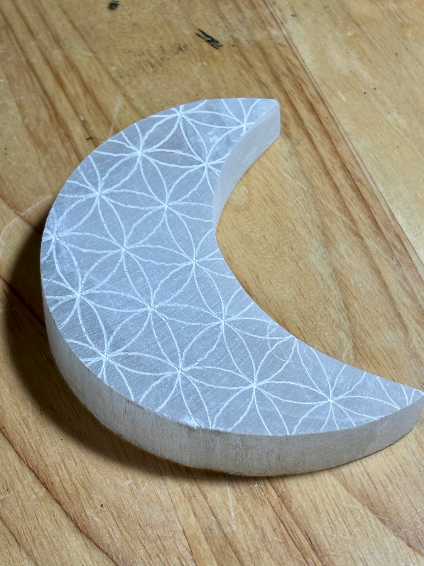 Selenite Moon with Flower Carving