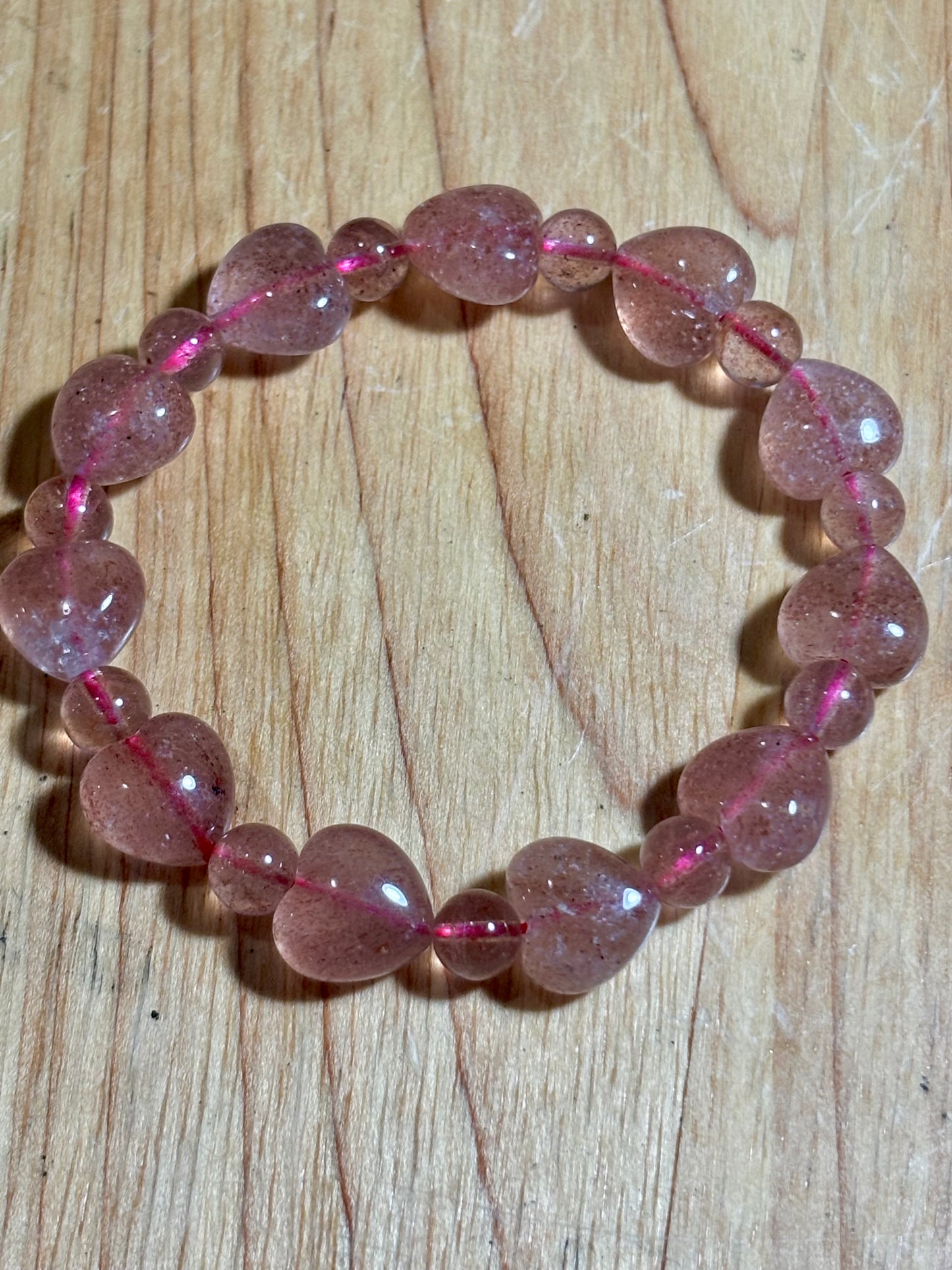 Strawberry Quartz Hearts and Round Bead Bracelet
