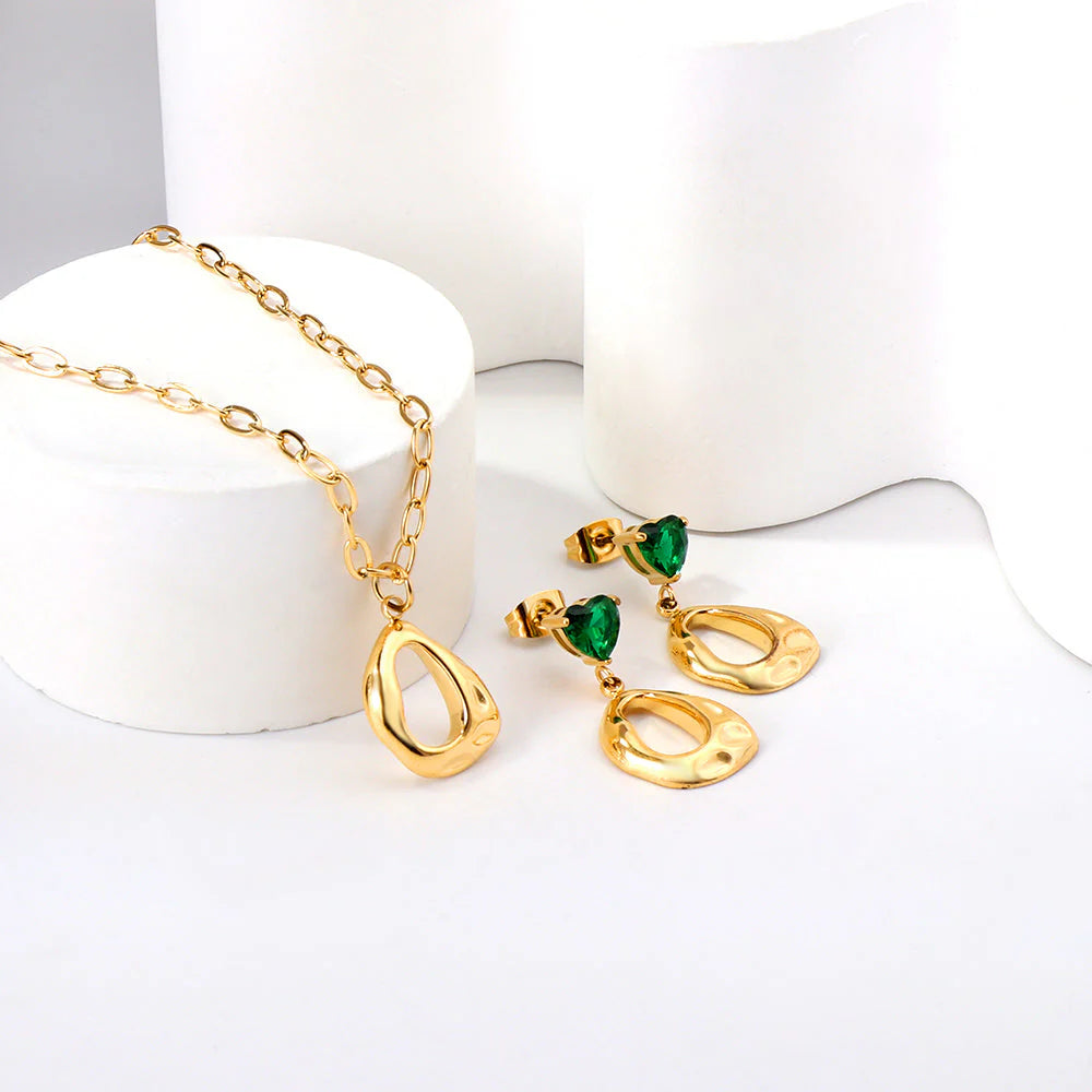 SS Green CZ Heart Necklace Set