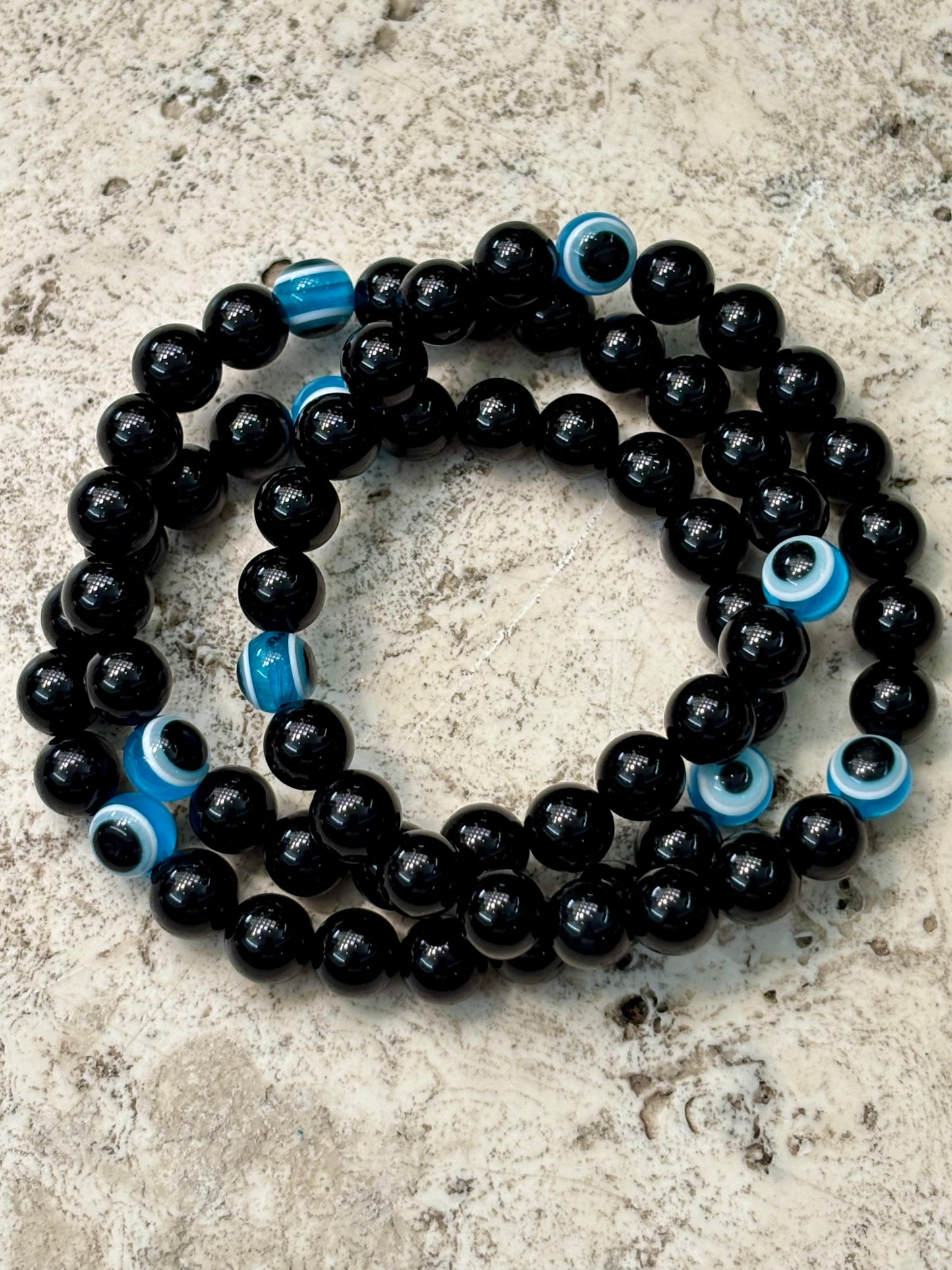 8mm Black Obsidian Evil Eye Bracelet