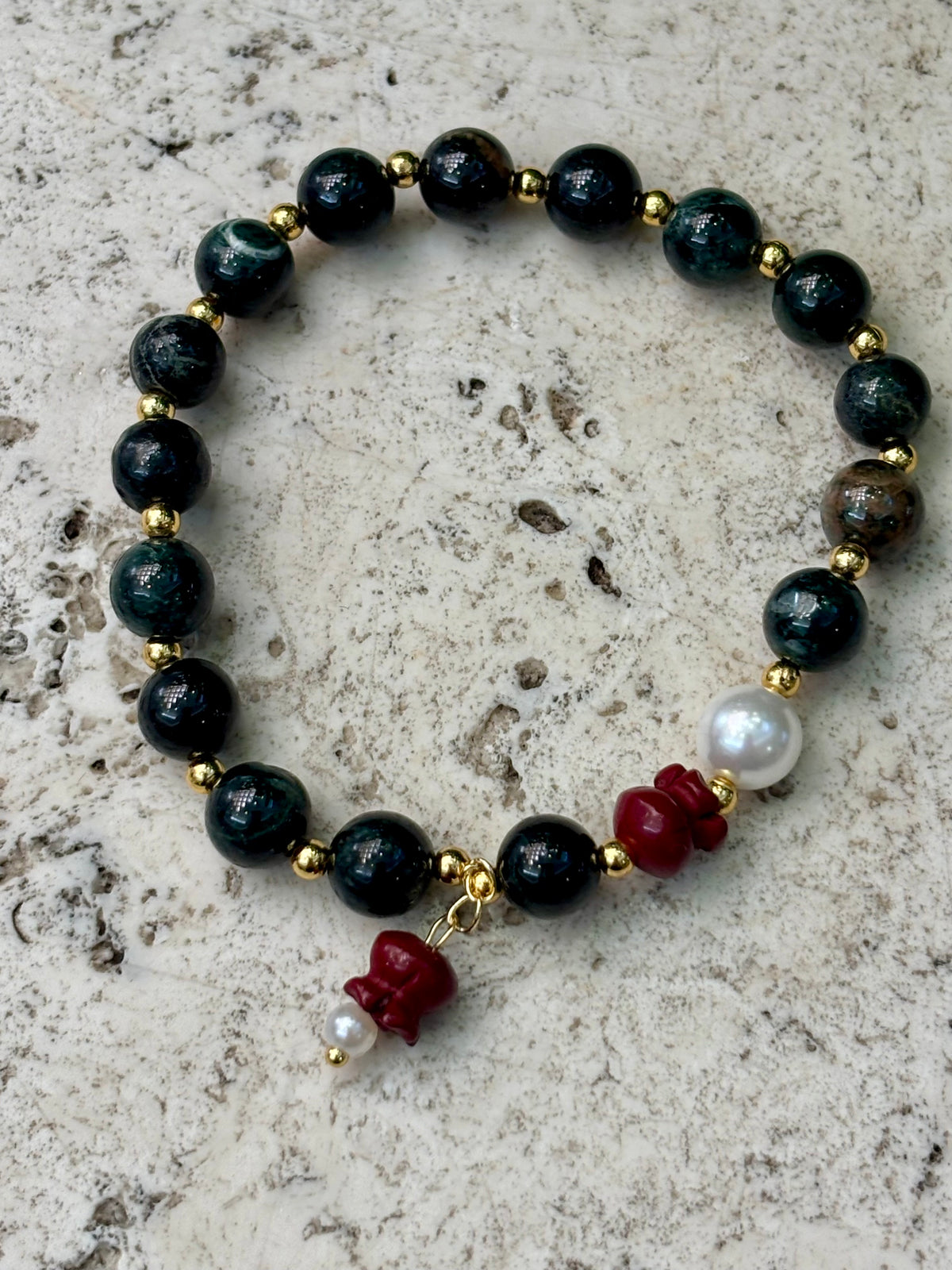 7mm Dark Jadeite & Cinnabar Bracelet