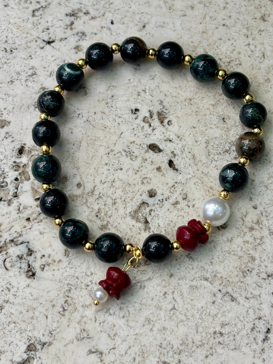 7mm Dark Jadeite & Cinnabar Bracelet