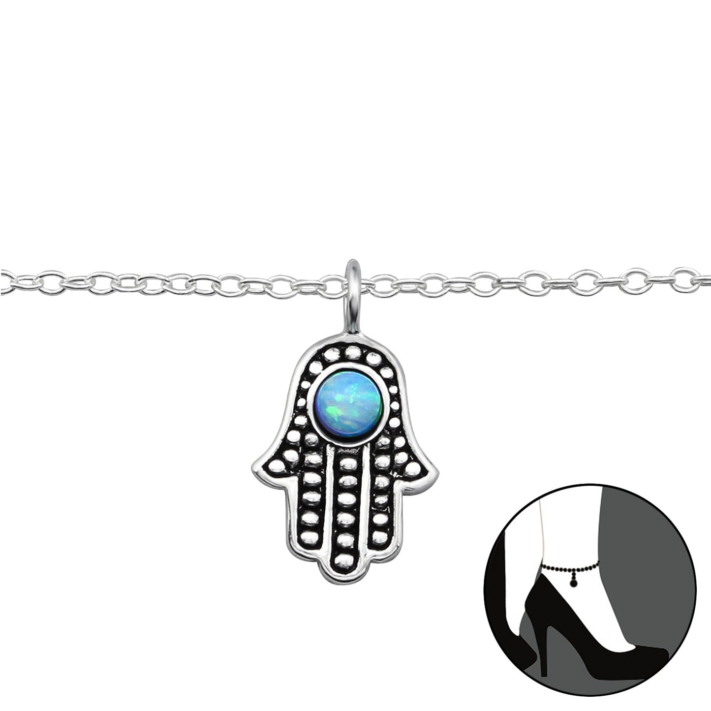 Silver Hamsa Anklet with Synthetic Opal (Color 2)