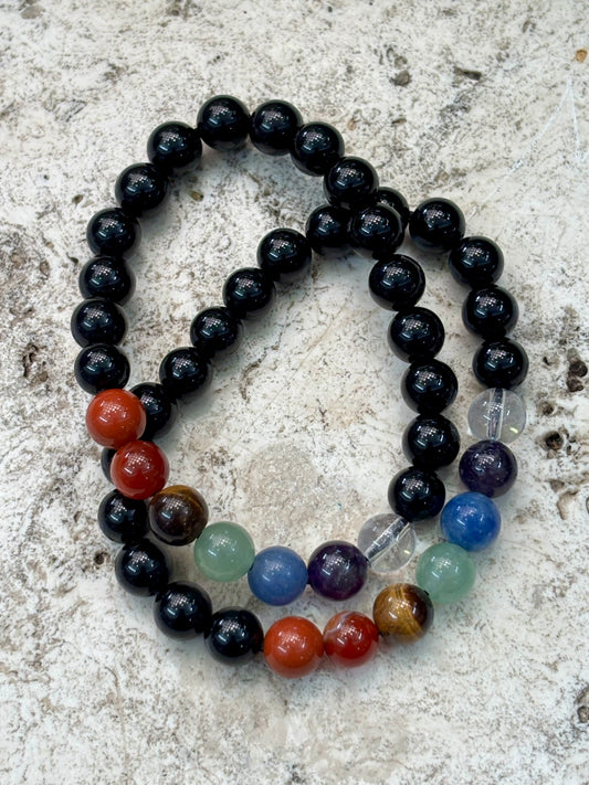 8mm 7 Chakra w Obsidian Bracelet