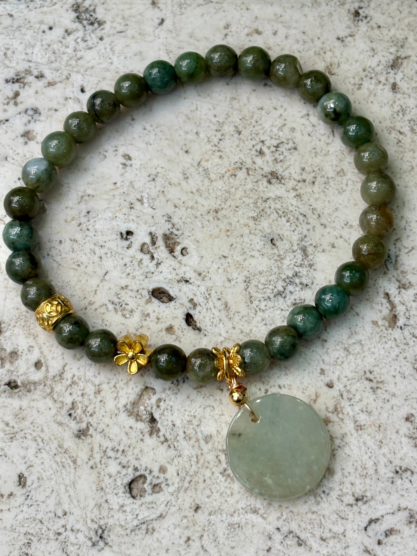 6mm Dark Jadeite with Circle Jade Charm Bracelet