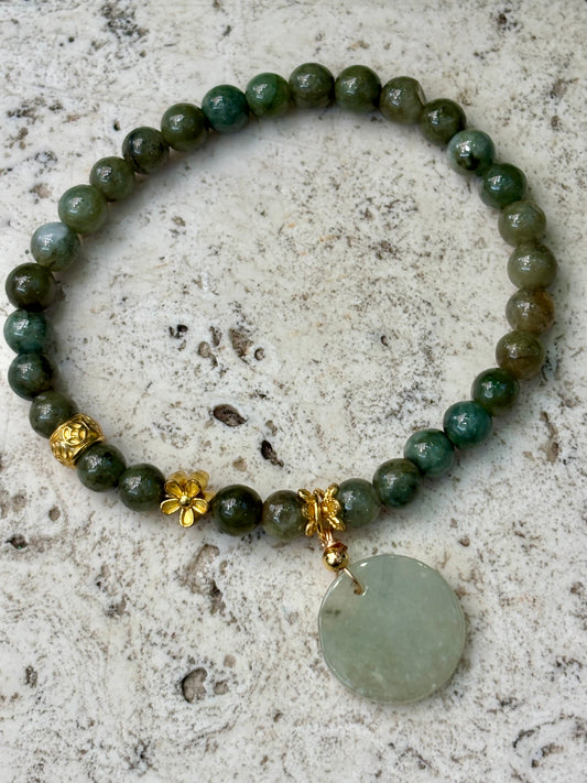 6mm Dark Jadeite with Circle Jade Charm Bracelet