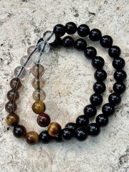 8mm Bl Obsidian, Clear Quartz, TE, Smoky Q Bracelet