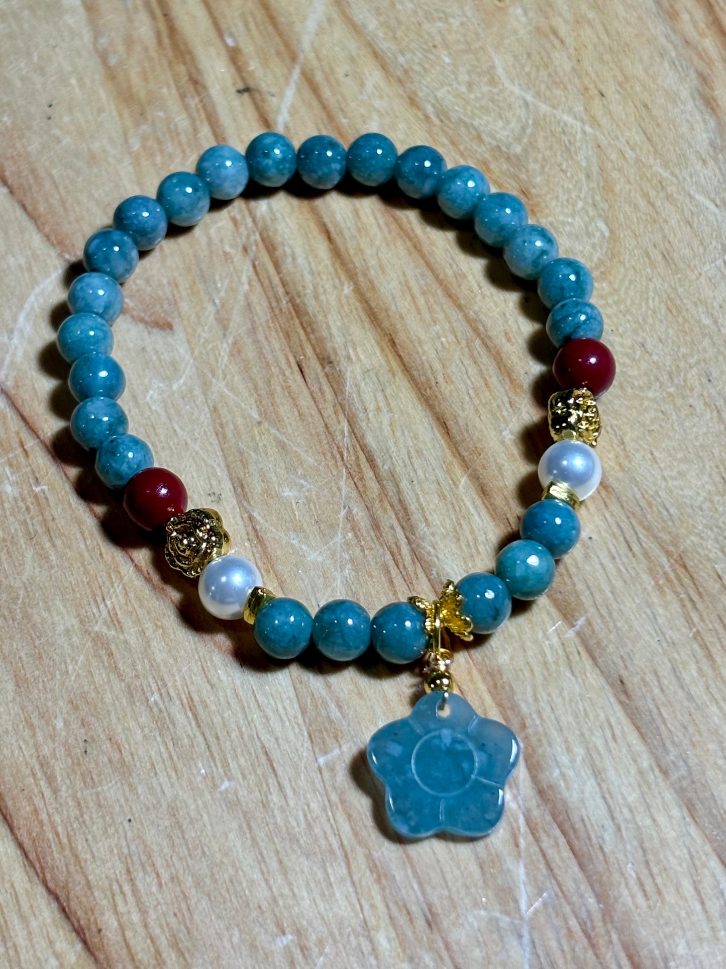 Jadeite Flower, Cinnabar, Pearl Bracelet