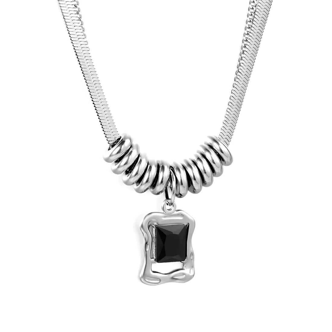 SS Square Pendant w Flat Snake Chain Double