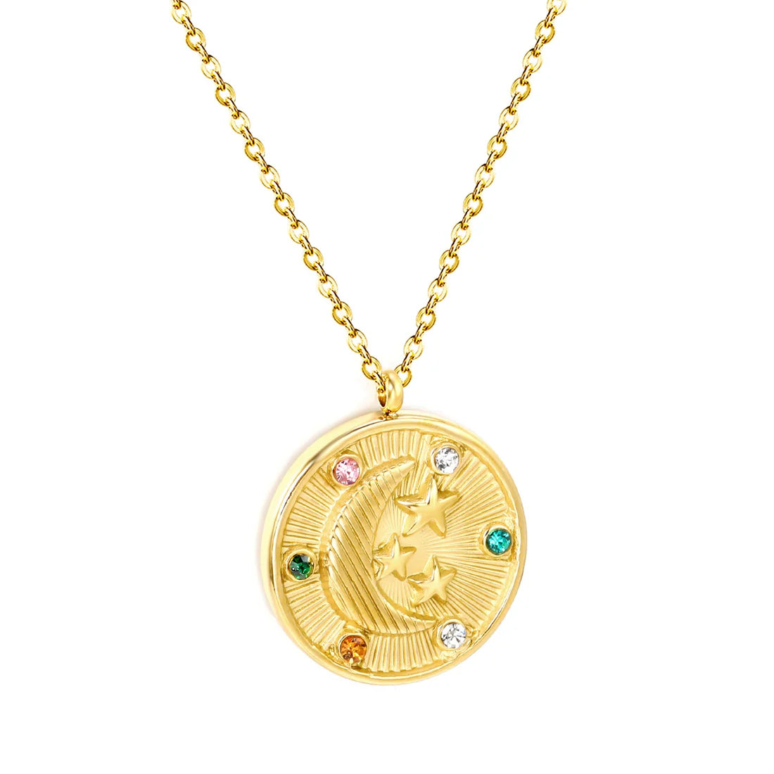 Gold necklace with a circular pendant featuring a star design and colorful gemstones on a white background.