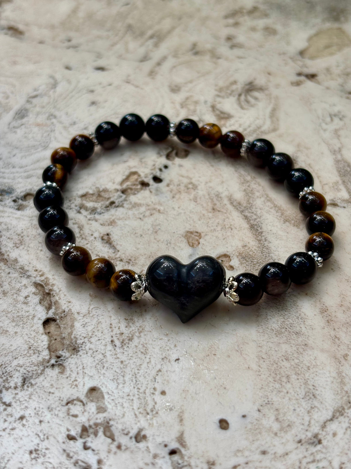 6mm Tiger Eye & Silver Obsidian Heart Bracelet