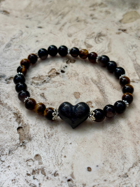 6mm Tiger Eye & Silver Obsidian Heart Bracelet