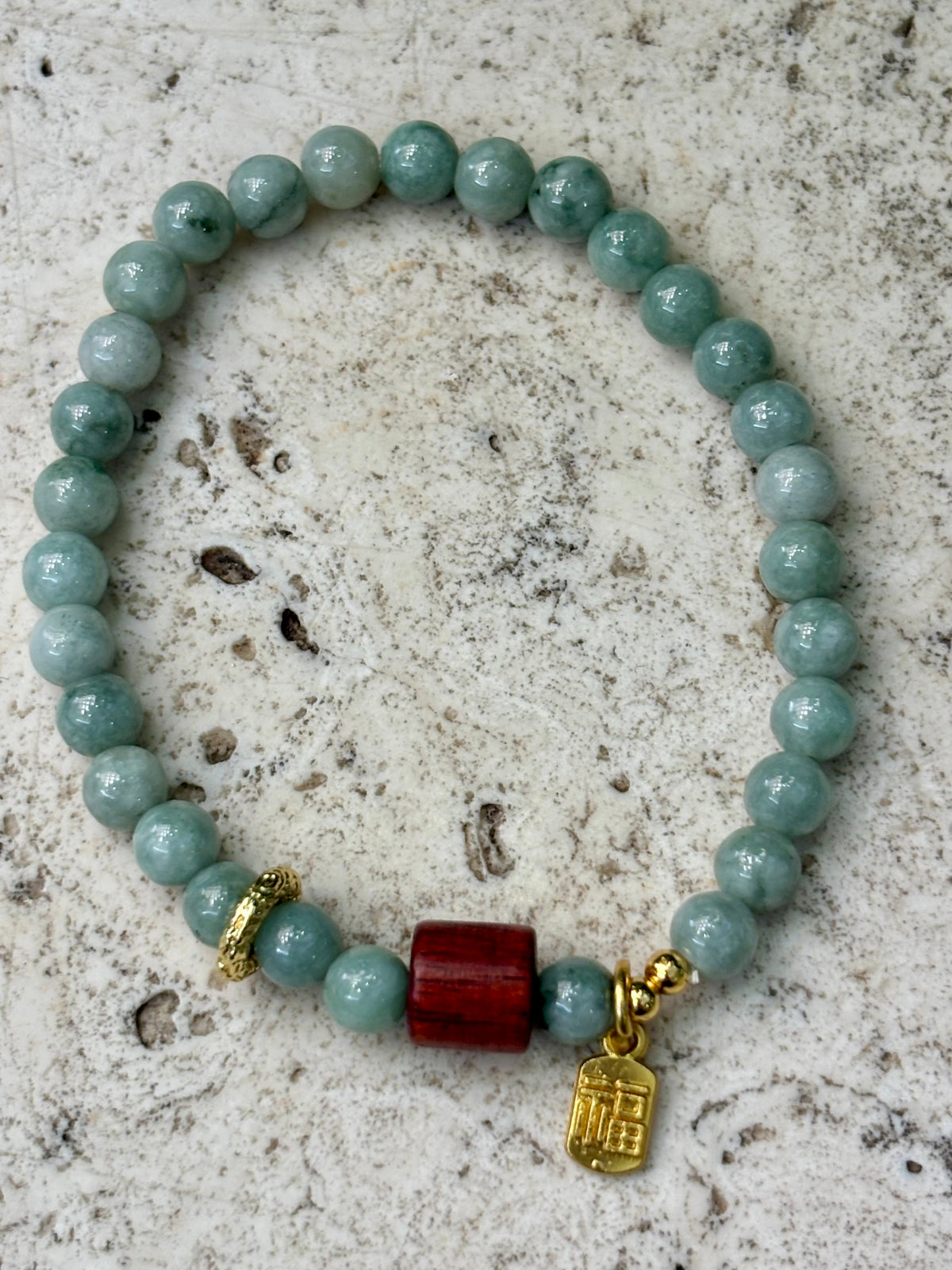6mm Jadeite with Red Wooden Barrel Bracelet