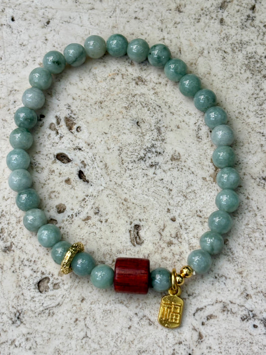 6mm Jadeite with Red Wooden Barrel Bracelet