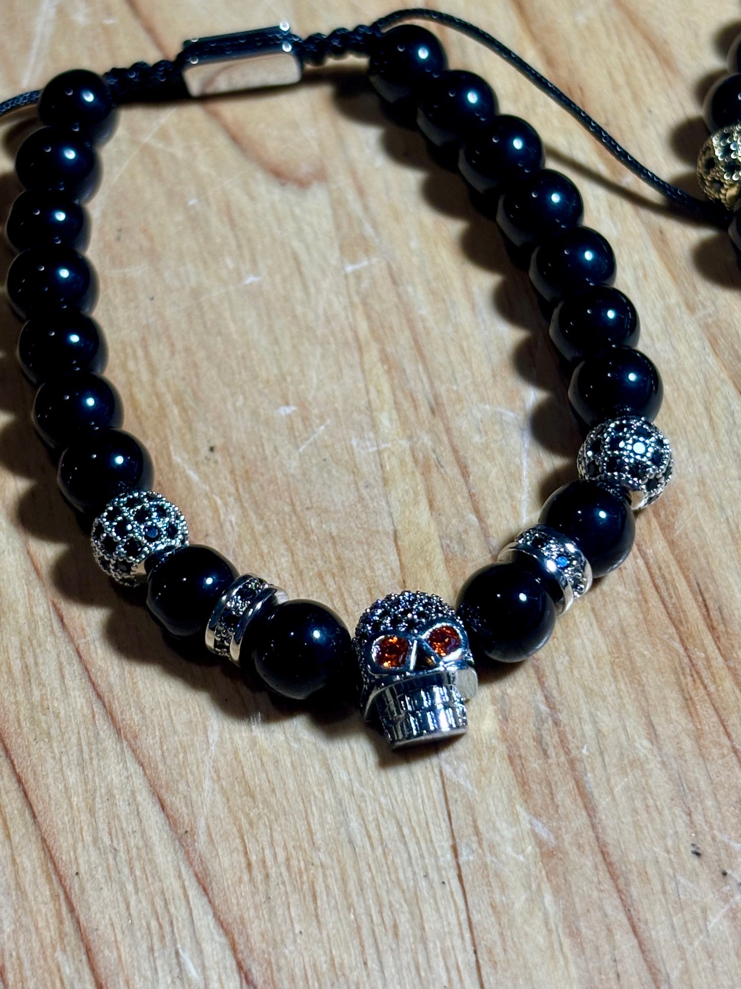 Mens Black Obsidian w Skull Macrame