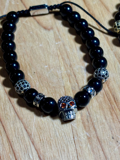 Mens Black Obsidian w Skull Macrame