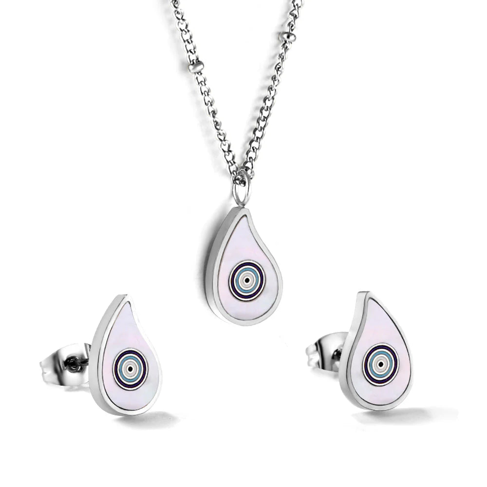 SS Evil Eye Teardrop White Shell Set