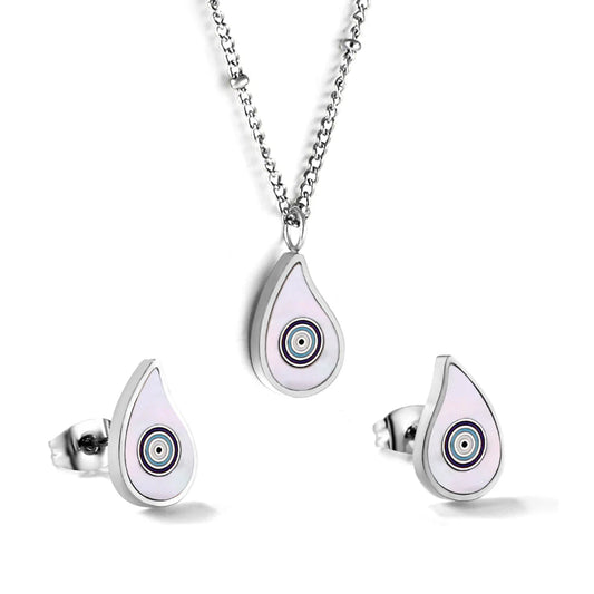 SS Evil Eye Teardrop White Shell Set