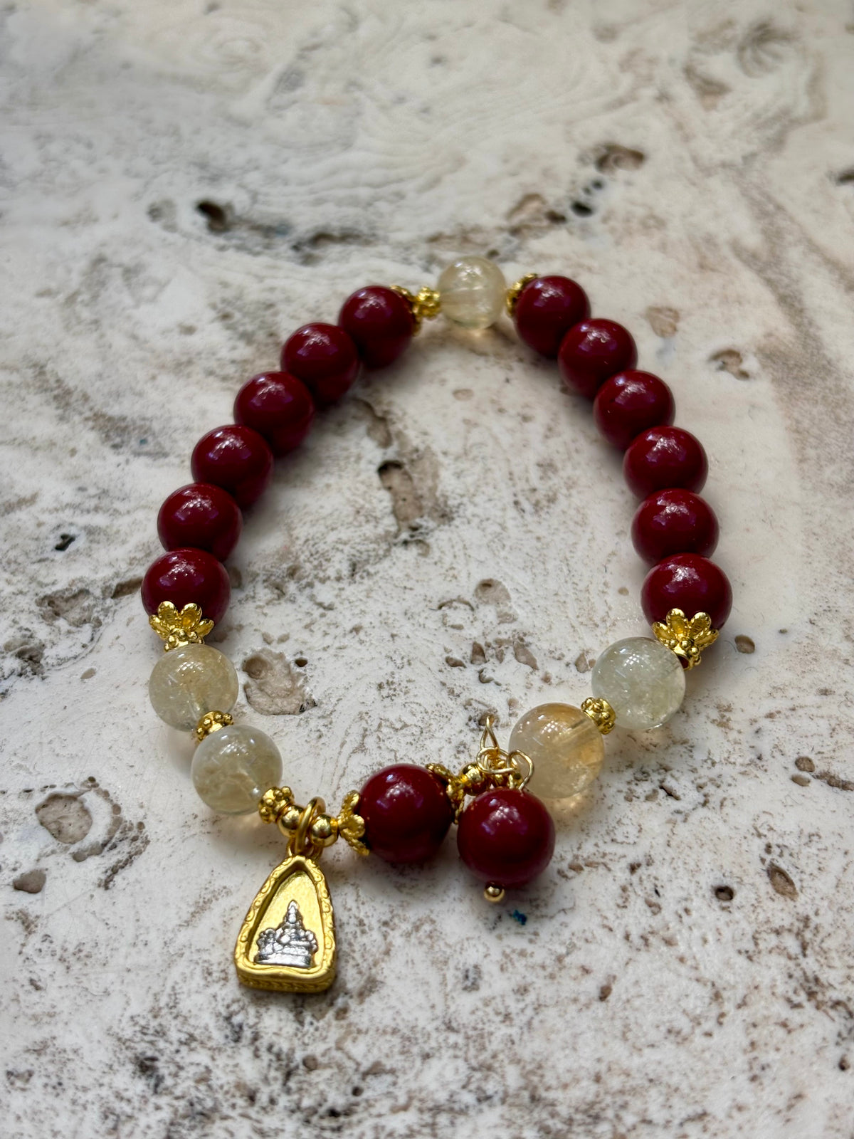 8mm Cinnabar, Citrine w Charm Bracelet