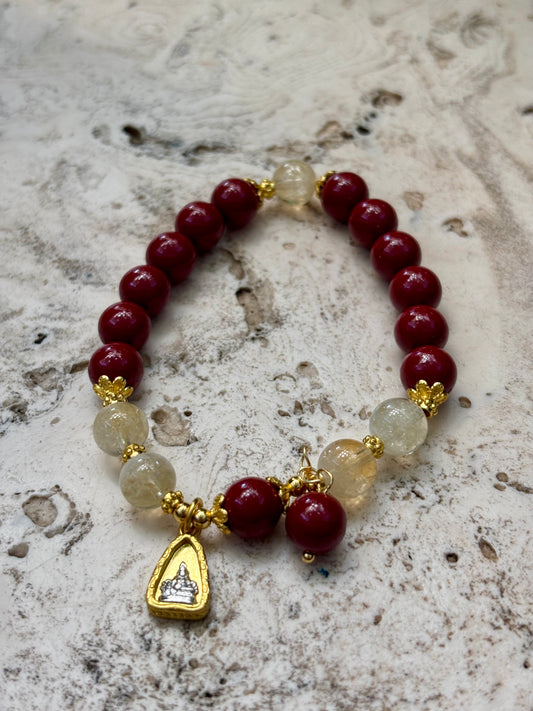 8mm Cinnabar, Citrine w Charm Bracelet