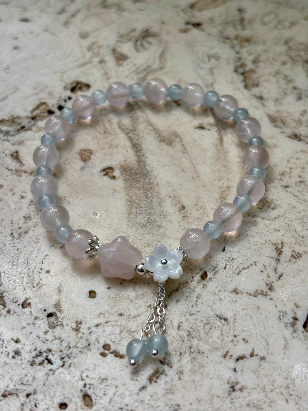 6mm Aquamarine w Rose Quartz Star Bracelet
