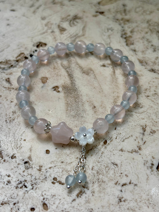 6mm Aquamarine w Rose Quartz Star Bracelet