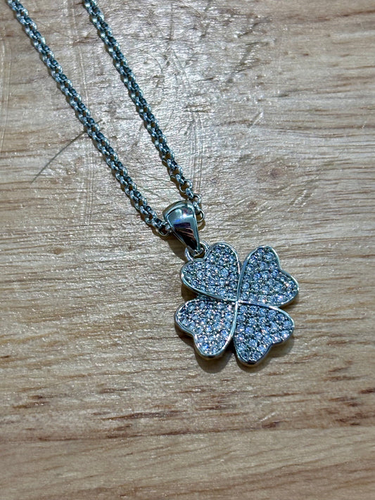 Rhodium Clover w SS Necklace