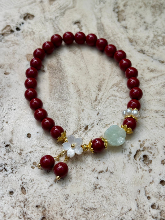 6mm Cinnabar w Flower Bracelet