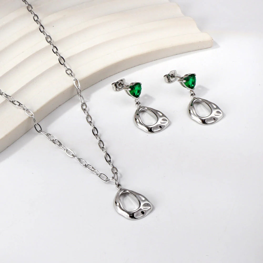 SS Green CZ Heart Necklace Set