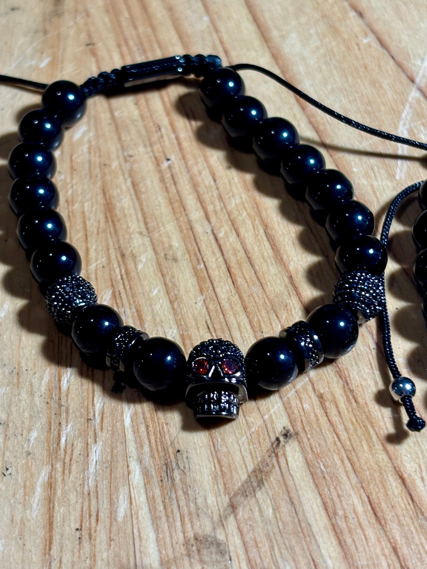 Mens Black Obsidian w Skull Macrame