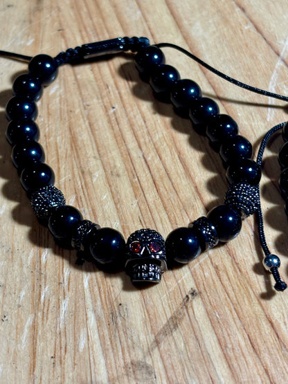 Mens Black Obsidian w Skull Macrame
