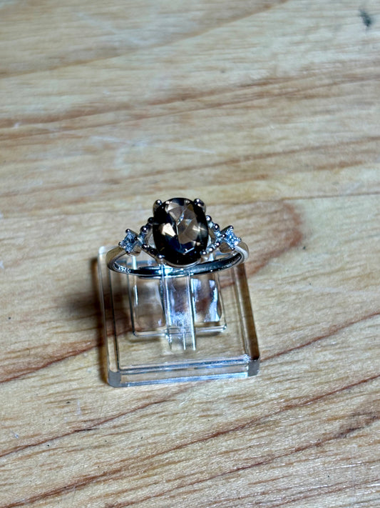 S925 Smoky Quartz w Zircon Ring