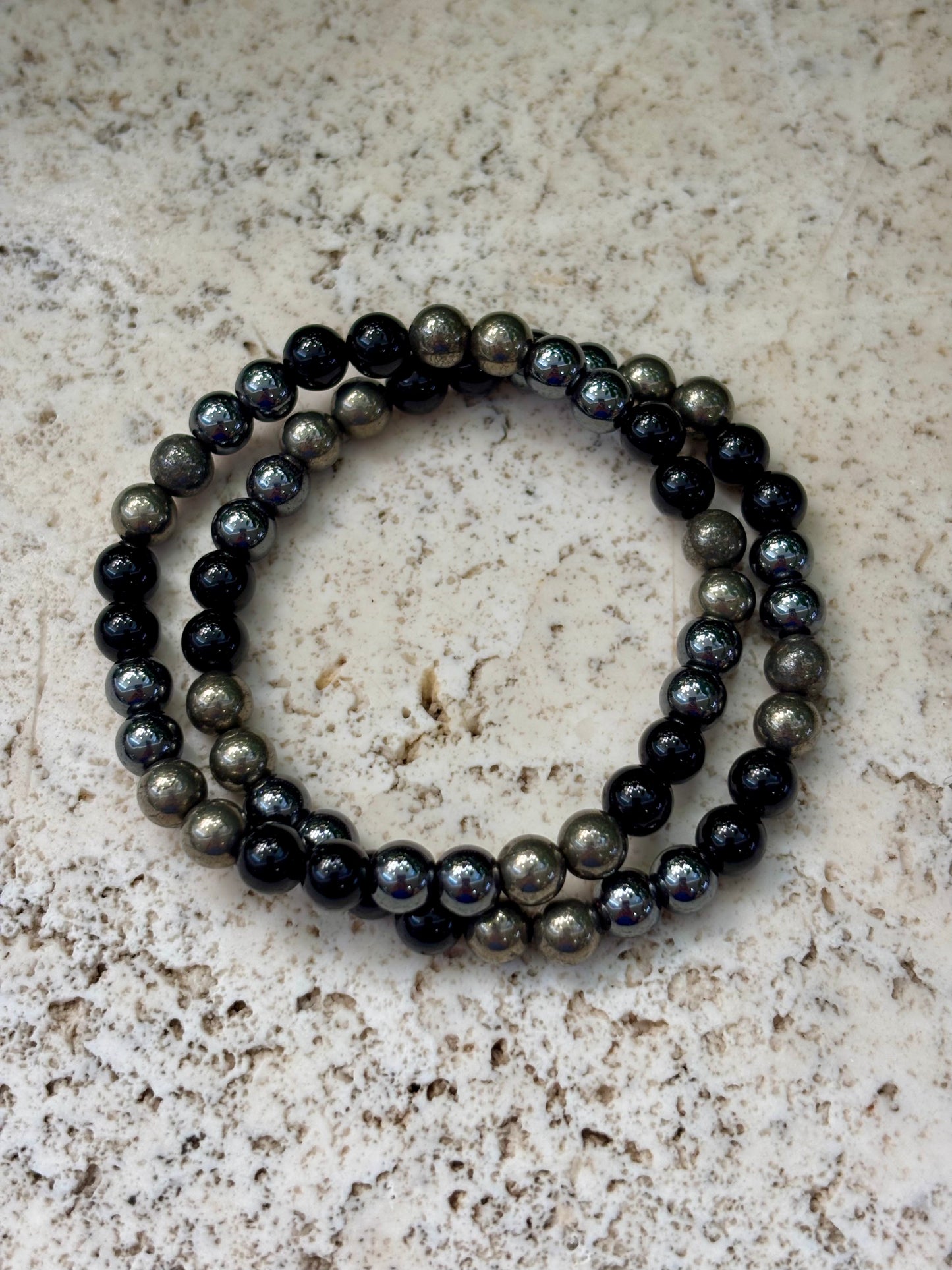 6mm Bl. Tourmaline, Pyrite, Hematite Bracelet