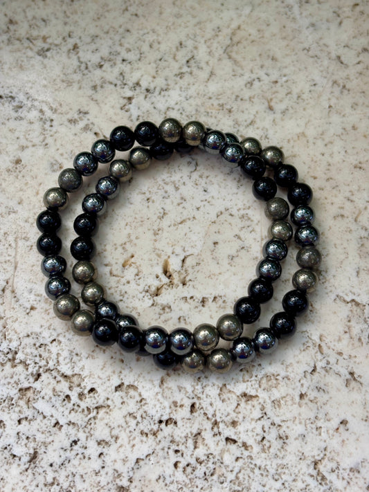 6mm Bl. Tourmaline, Pyrite, Hematite Bracelet