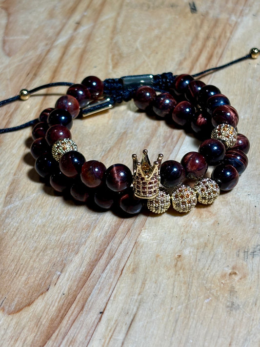Mens Adj Red Tiger Eye w Gold Accents