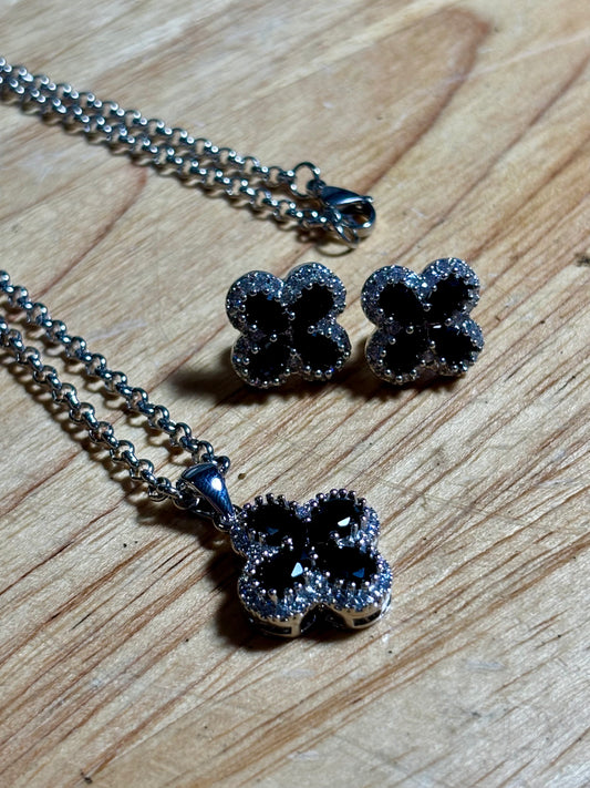 Rhodium Black Obsidian Set