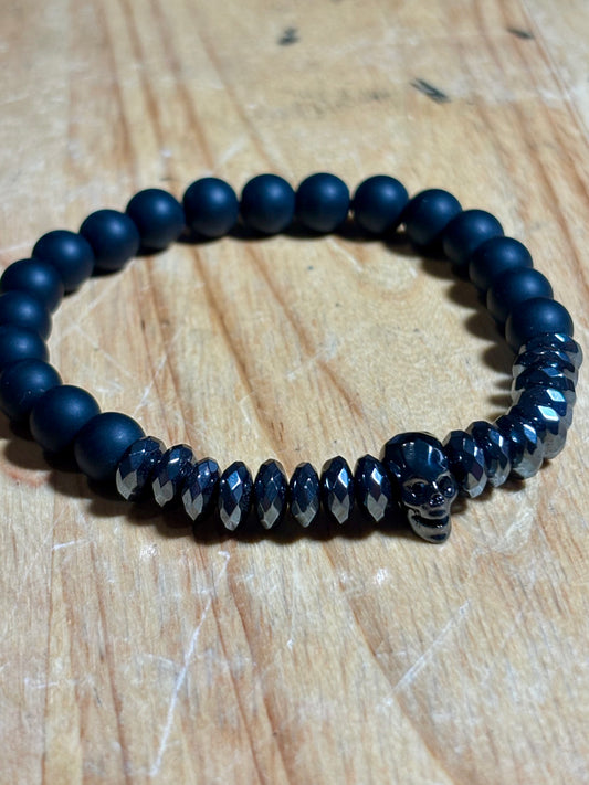 Mens Black Matte Bead Hematite Skull