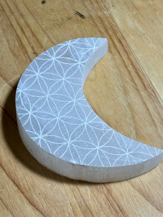 Selenite Moon with Flower Carving