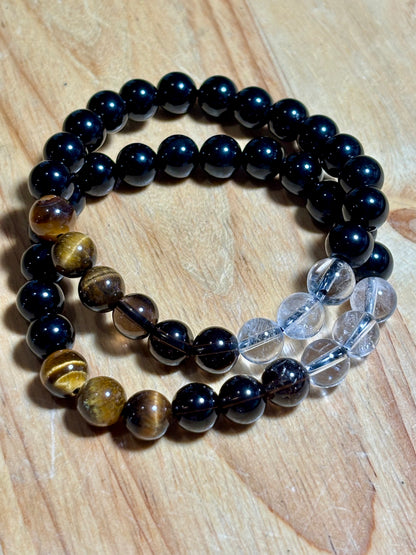 8mm Bl Obsidian, Clear Quartz, TE, Smoky Q Bracelet