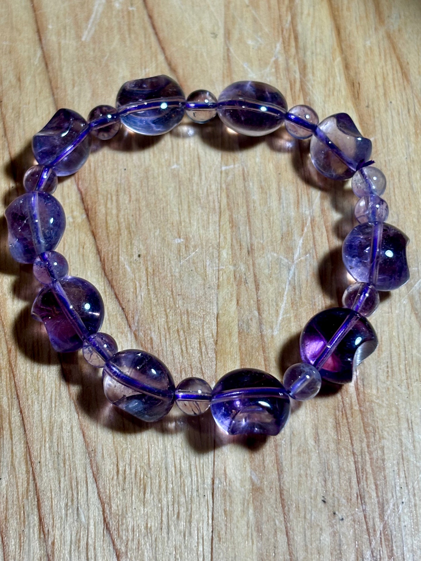 Amethyst Carved Moon and round Bead Bracelet