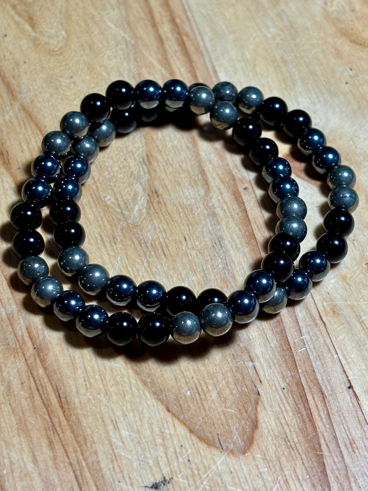 6mm Pyrite, Hematite, Bl. Tourmaline Bracelet