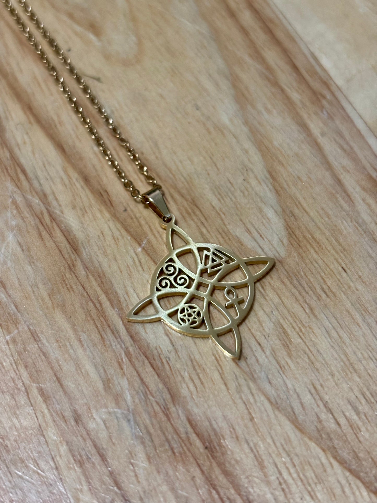 SS Gold Witch Knot 4 Symbols Necklace