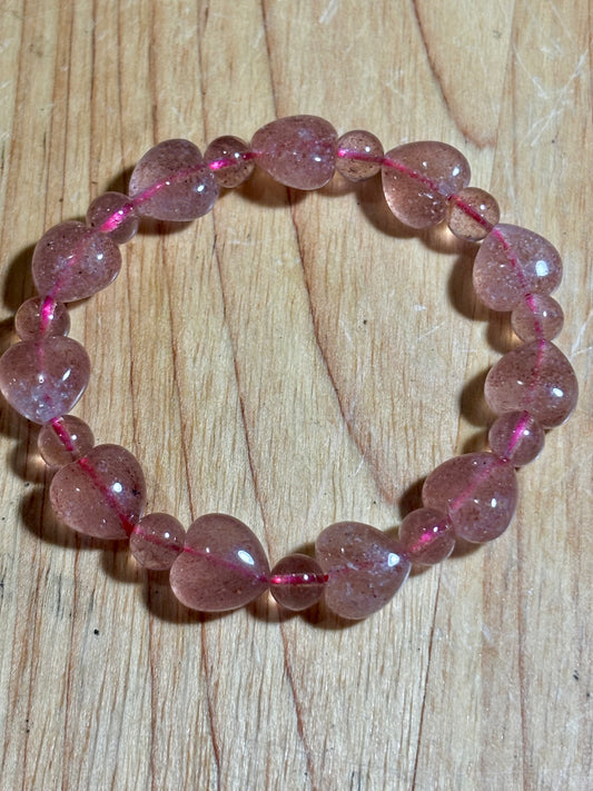 Strawberry Quartz Hearts and Round Bead Bracelet