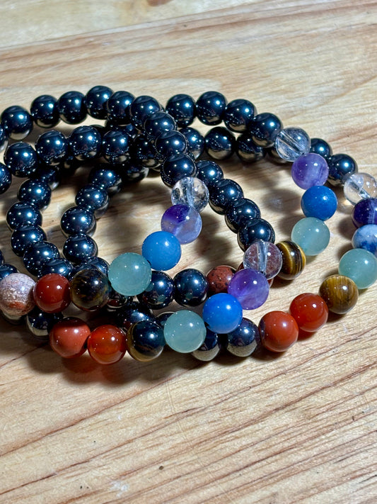 7 Chakra w Hematite 8mm Bracelet