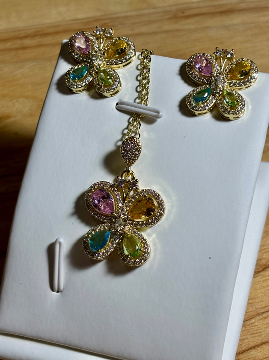 14kPlate Topaz Butterfly Earring & Necklace