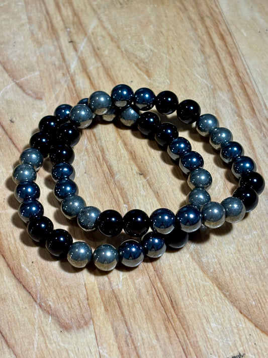 8mm Black Tourmaline, Pyrite & Hematite Bracelet