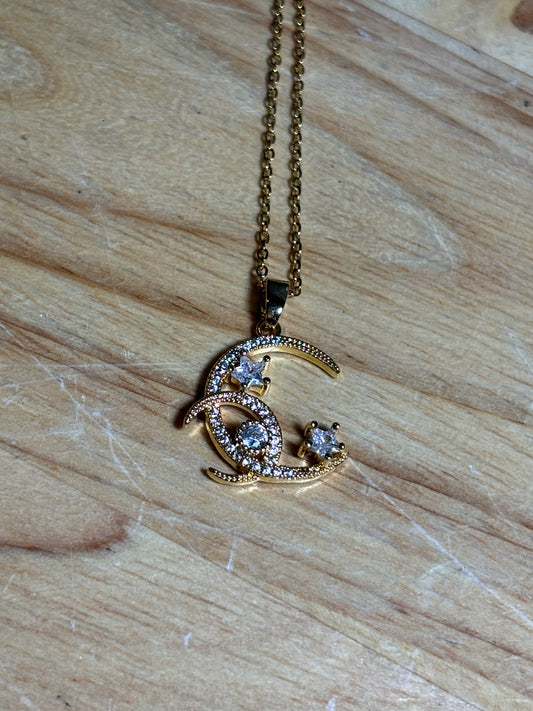 SS Double Moon and Stars Gold Necklace