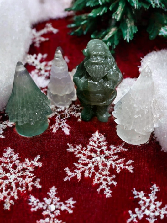 Clear Quartz & Fluorite Christmas Trees &  Green Aventurine Santa Gift Set